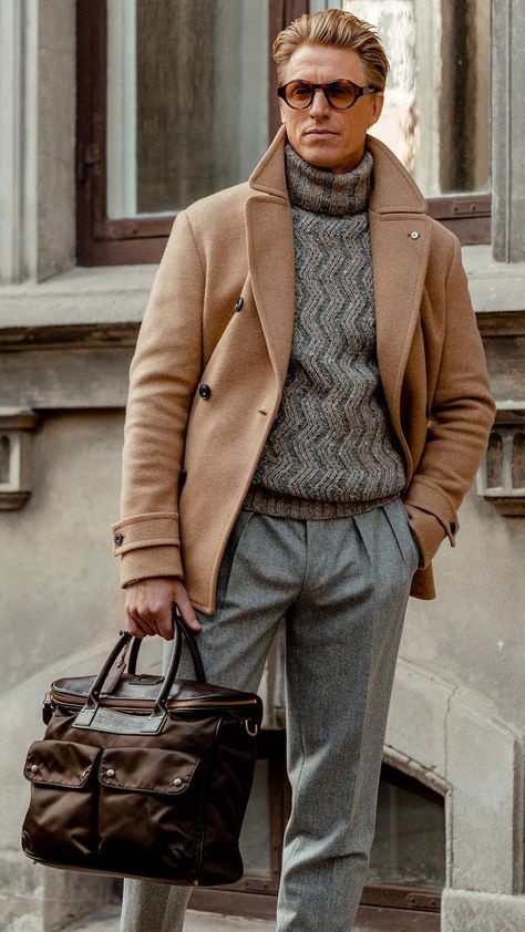 Coat Outfit Men Casual, Men Style Classy Elegant, Airport Outfit Men Travel Style, Mens Winter Fashion Formal, Quiet Luxury Men, Well Dressed Men Casual, Winter Style Men, Classic Mens Fashion, Gentlemen Outfit