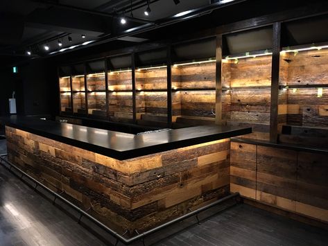 This beautiful custom bar was recently installed. Made from reclaimed threshing board sourced locally its a real unique beauty. Mediterranean Bar Design, Bourbon Bar Ideas, House Bar Ideas, Bar Cladding, Unique Bar Ideas, Shiplap Bar, Bar Top Ideas, Beach Reference, Home Pub Ideas