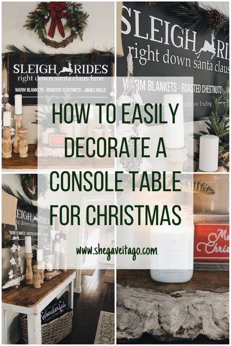 How To Easily Decorate A Console Table For Christmas! Console table styled with Christmas decorations in farmhouse style! #DIY #Christmas #Christmasdecor #farmhouse #farmhousestyle Console Table Styling For Christmas, Christmas Decor Ideas For Side Table, Holiday Console Table, Decorate Buffet For Christmas, How To Decorate A Sideboard For Christmas, Farmhouse Christmas Sofa Table Decor, Christmas Decor Hallway Table, Christmas Decorated Sideboard, Decorating Entryway Table For Christmas