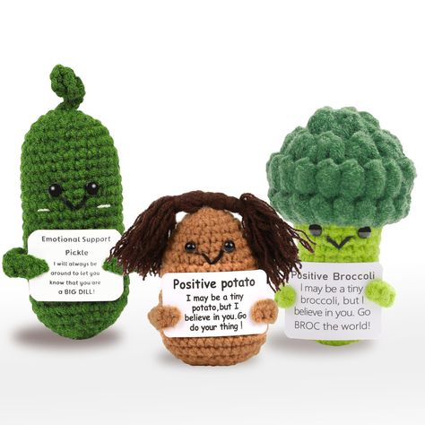 PRICES MAY VARY. 【Emotional Support Gifts】Do you want to give your friend a unique gift? These fun handmade crocheted cucumbers, broccoli, and potato dolls are very cute, and the warm words on the cards will make the people you care about smile and make them feel relaxed. When we feel frustrated and discouraged, it will also encourage you and help you get through difficulties. 【Comfortable & Soft Fabric.�】This handmade emotional support kimchi doll is made of high-quality wool yarn with comfortab Cute Cucumber, Crochet Pickle, Knitting Doll, Creative Crochet, Positive Affirmation Cards, Gift Cute, Positive Affirmation, Affirmation Cards, Negative Emotions