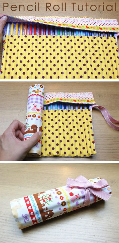 Pencil Wrapping Ideas, Pencil Case Diy Tutorial, Crochet Pencil Pouch, Diy Crafts Pencil Case, Pencil Pouch Diy, Diy Trousse, Colored Pencil Holder, Pencil Case Sewing, Roll Up Pencil Case