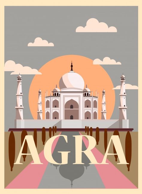 Agra Illustration, Taj Mahal Vector, Taj Mahal Illustration, India Illustration, Travel Advertising Design, India Tourism, India Poster, Minimal Travel, Eco City