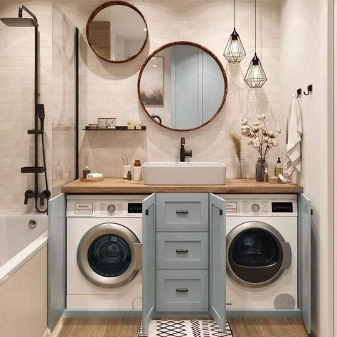 Half Bath Stackable Laundry Room Combo, Bathroom Ideas With Washmachine, Wash Machine And Dryer In Bathroom, Small Bathroom With Washer Dryer, Small Bathroom With Washer And Dryer Layout, Bathroom Washing Machine Hidden, Combined Bathroom Laundry, Washing Machine In Bathroom Ideas, Bath And Laundry Room Combo