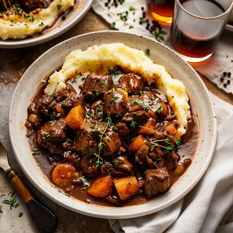 Easy Homemade Beef Bourguignon - Krystel's Cooking Beef Burgonione Recipe, Crockpot Beef Bourguignon, Beef Bourginon, Beef Stew Bourguignon, Easy Beef Bourguignon, Beef Burgundy Recipe, Harvest Menu, Beef Burgundy, Beef Bourguignon Recipe