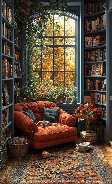 Nook Books, Orange Armchair, Cozy Home Library, Home Library Design, Fantasy Homes, Home Libraries, Cozy Reading Nook, Cozy Reading, Room Makeover Inspiration