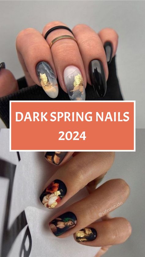 Dark Spring Nails 2024 Acrylic Paint On Nails Nailart, Dark Spring Nails 2024, Alternative Spring Nails, Black Nails For Spring, Dark Floral Nail Art, Navy Spring Nails, Moody Summer Nails, Moody Spring Nails, Nail Art Spring 2024