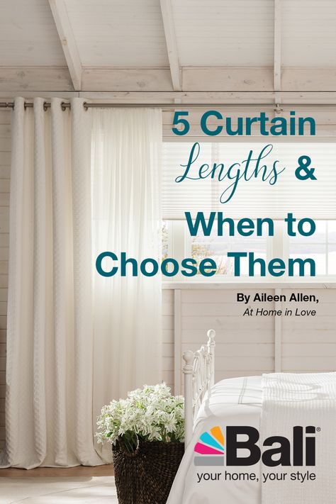 Trouser? Puddle? Apron? Learn the differences between drapery lengths, and how to choose the right length for you. Bedroom Curtain Length, Curtain Puddle Length, Curtain Length Guide Bedrooms, Curtain Length Guide Living Rooms, How To Choose Curtains, Dining Room Drapery Ideas, Apron Length Curtains, Puddle Curtains, Puddled Curtains