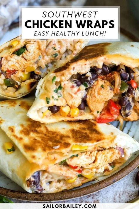 Chipotle style southwest chicken wraps are protein packed, flavorful and loaded with veggies. Ready in about 30 minutes and perfect healthy lunch idea or dinner recipe. South West Chicken Wraps, Southwest Wraps Recipes, Meals With Wraps, Southwest Dinner Recipes, Southwest Chicken Burritos, Rotisserie Chicken Recipes Lunch, Pulled Chicken Dinner Ideas, College Student Dinner Ideas, Grilled Chicken Wraps Healthy