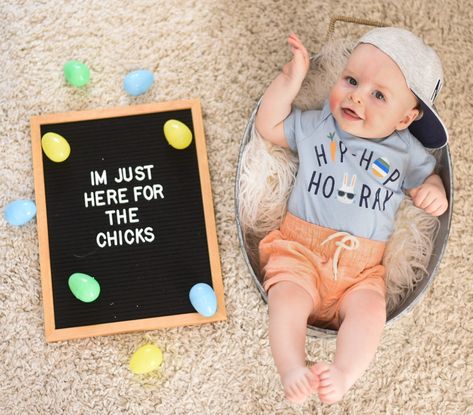 My First Holiday Pictures, Baby April Photo Ideas, Easter Chick Photoshoot, Easter Milestone Pictures Boy, Easter Baby Pictures Boy, 4 Month Old Easter Pictures, Baby Boy First Easter Pictures, Diy Easter Baby Photos, 8 Month Old Milestones Pictures