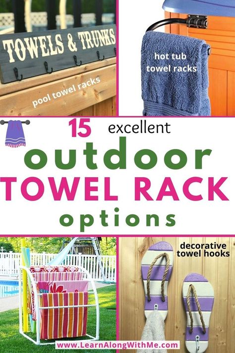 Outdoor Towel Rack options - 15 great options to keep your outdoor towels off your grass or pool deck this summer.
There are some great towel racks that'll hold multiple towels by the pool...great for a family....and some towel hooks that would be great next to a hot tub. Diy Towel Drying Rack For Pool, Hanging Beach Towels Outside, Diy Hot Tub Towel Rack Outdoor, Towel Racks For Pool Area, Wet Pool Towel Storage Ideas, Outdoor Pool Towel Holder, Pool Towels Drying, Lake Towel Drying Rack, Patio Towel Rack