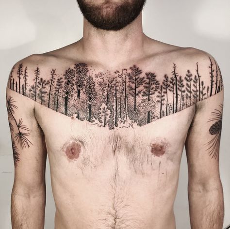 Forest trees tattoo Pony Reinhardt, Men With Tattoos, Trees Tattoo, Tato Dada, Omerta Tattoo, Tattoos Mandala, Tattoo Inspiration Men, Cool Chest Tattoos, Chest Tattoos For Women