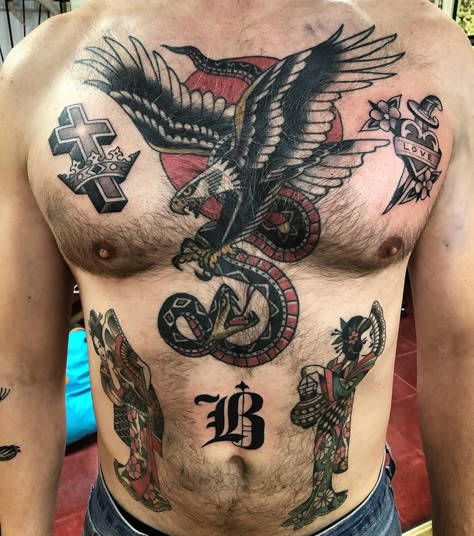 Eagle And Snake Chest Tattoo, Traditional Chest Piece Tattoo Men, American Traditional Eagle Chest Tattoo, Western Chest Tattoo, American Traditional Collar Bone Tattoo, 123 Tattoo, American Traditional Chest Tattoo, Snake Chest Tattoo, Large Chest Tattoo