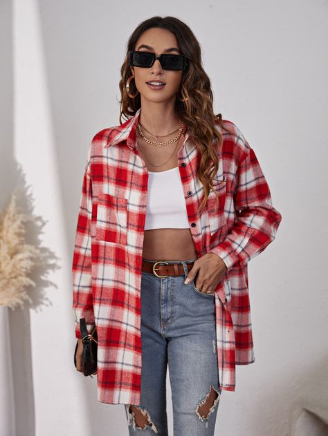 Red And White Plaid Shirt Outfit, Checked Shirt Outfit Women, White Plaid Shirt Outfit, Check Shirt Outfit Women, Check Shirts For Women, Checkered Shirt Outfit, Checked Shirt Outfit, Drop Shoulder Blouse, Red And White Shirt