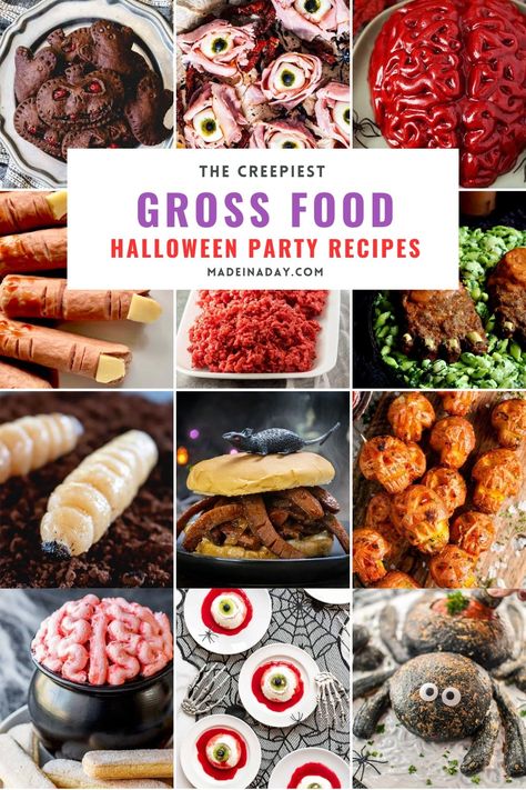 Elevate your Halloween party with disgustingly gross food that will thrill and chill your guests. Your guests will be screaming for more with these stomach-churning recipes. nasty food, gross looking food, gross halloween food, gross food ideas for halloween Food Ideas For Halloween, Scary Halloween Party Food, Food For Halloween, Gross Halloween Foods, Teen Halloween Party, Scary Halloween Food, Creepy Food, Scary Food, Creepy Halloween Food