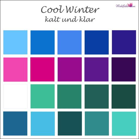 Der Clear Winter Typ - Wohlfühlraum True Winter Color Palette, Polyvore Winter, Cool Summer Palette, Cool Winter Color Palette, Color Lessons, Winter Palette, Clear Winter, Winter Color Palette, Winter Typ