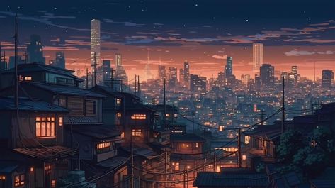 The landscape of the city at night time. Cityscape with houses and buildings and the beautiful night sky. Video game concept art with anime style. Free illustration image by AI generated. Anime City Background, Anime City Wallpaper, Background Night, Cityscape Wallpaper, Beautiful Night Sky, Night Wallpaper, Anime City, Free Illustration Images, Night Background