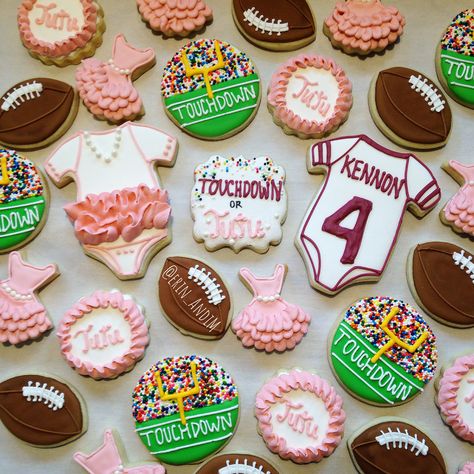 Football Gender Reveal Cookies, Touchdowns And Tutus Gender Reveal, Tutu Or Touchdown Gender Reveal, Quarterback Or Cheerleader Gender Reveal, Gender Reveal Ideas Football Theme, Football Or Tutus Gender Reveal, Football Gender Reveal Ideas, Touchdown Or Tutu Gender Reveal, Tutus Or Touchdowns Gender Reveal