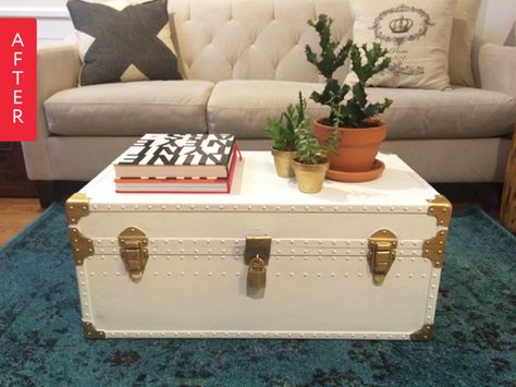 Before & After: Free Trunk Turned Coffee Table | Apartment Therapy Trunk Redo, Trunk Makeover, Trunk Table, Metal Trunks, Painted Trunk, Coffee Table Trunk, Antique Trunk, Vintage Trunks, Steamer Trunk