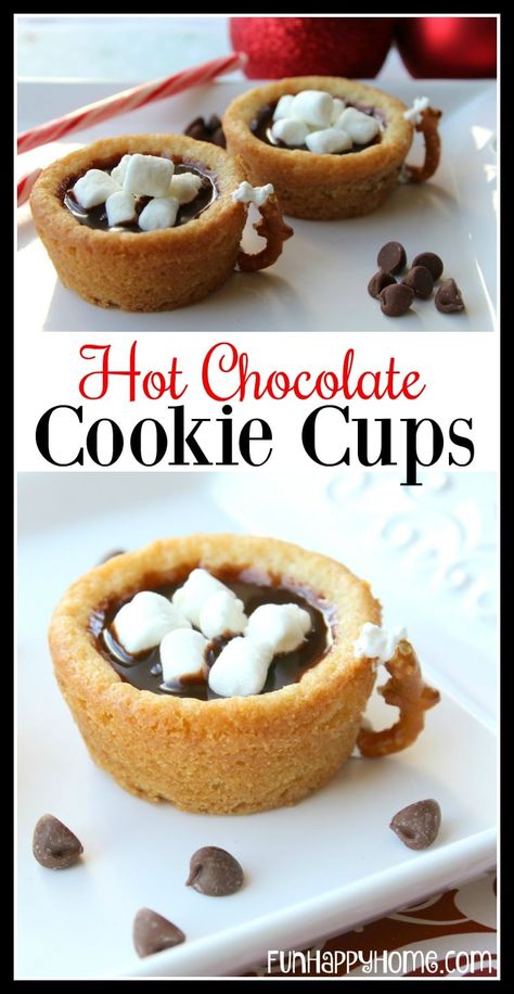 Hot Chocolate Cookie Cups Recipe, Hot Chocolate Cookie Cups, Hot Chocolate Cookie, Chocolate Cookie Cups, Pillsbury Sugar Cookie Dough, Thrifty Christmas, Hot Chocolate Cookies Cups, Cookie Cups Recipe, Hot Cocoa Cookies