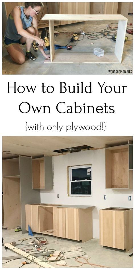 Build your own kitchen, bathroom, closet, anywhere cabinets from using only plywood with this easy to follow tutorial!  Plywood makes it easy and inexpensive to build and pocket hole joinery makes it easy to assemble.  No fancy tools or years of experience required. Build Your Own Cabinets, Diy Kitchen Cabinets Build, Building Kitchen Cabinets, Pocket Hole Joinery, Kitchen Design Diy, Woodworking Furniture Plans, Diy Kitchen Storage, Diy Kitchen Island, Custom Kitchens