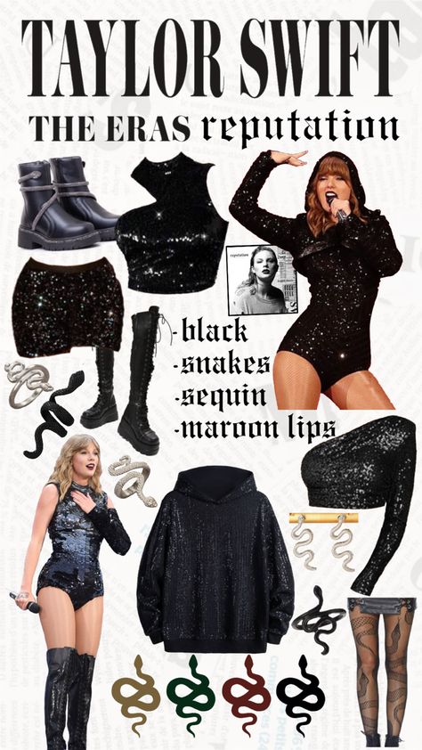 Taylor Swift Reputation Era Aesthetic The Eras Tour Snake Black Sequins Maroon Dark Lips Tights Boots Wavy Hair outfit look inspo Reputation Snake Outfit, Taylor Swift Reputation Era Casual Outfits, Taylor Swift Reputation Era Hairstyle, Reputation Makeup Look Taylor Swift, Reputation Album Outfits, Reputation Era Outfits Plus Size, Eras Outfit Ideas Reputation, Eras Tour Outfits Reputation Plus Size, Reputation Dress Ideas