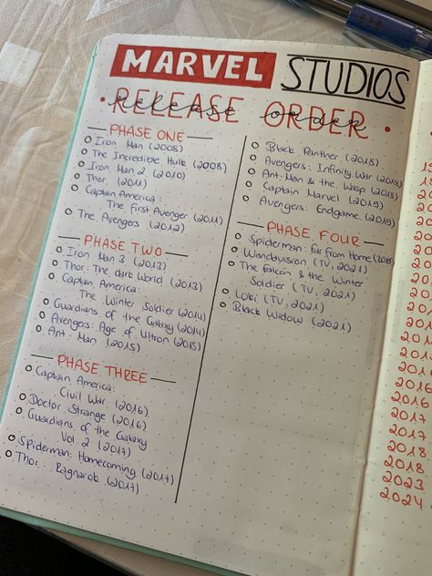 Marvel Movies Release Order, Marvel Movies In Order Of Release, Marvel Release Order, Marvel Journal Ideas, Marvel Journaling, Movie Journal Ideas, Marvel Journal, Movie Notebook, Marvel Movies In Order