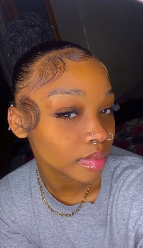 Straight Back Ponytail Natural Hair, Slicked Back Hair Styles Black Women, Edges For Slick Back Bun, Cute Edges With Buns, Full Edges Natural Hair, Edges On Slick Back, Two Swoop Edges, Middle Part Slick Back Bun With Edges, Mid Puff Natural Hair