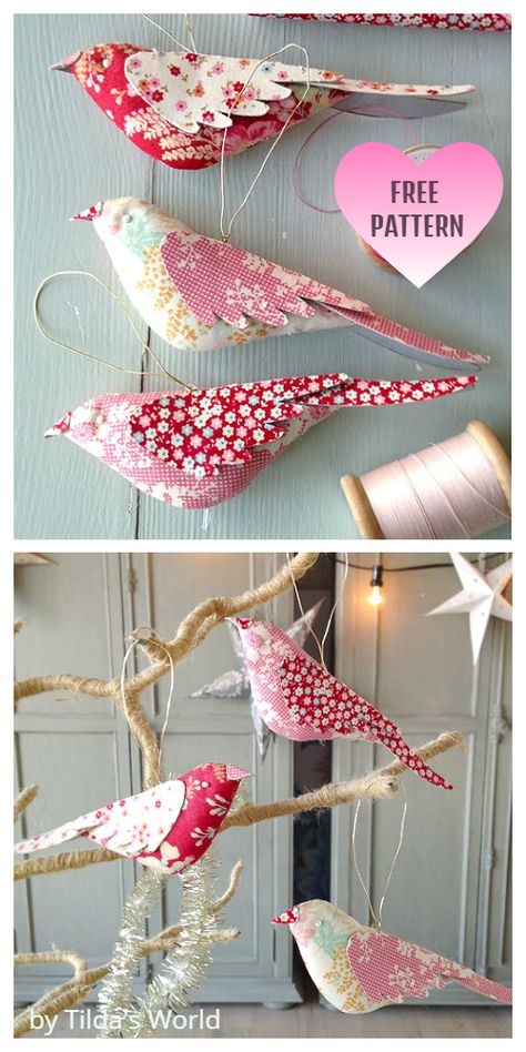 8 DIY Quilt Fabric Bird Free Sewing Patterns | Fabric Art DIY Diy Quilted Christmas Ornaments, Fabric Art Diy, Fabric Bird, Christmas Fabric Crafts, Fabric Crafts Diy, Bird Christmas Ornaments, Diy Fabric Crafts, Scrap Fabric Crafts, Folded Fabric Ornaments