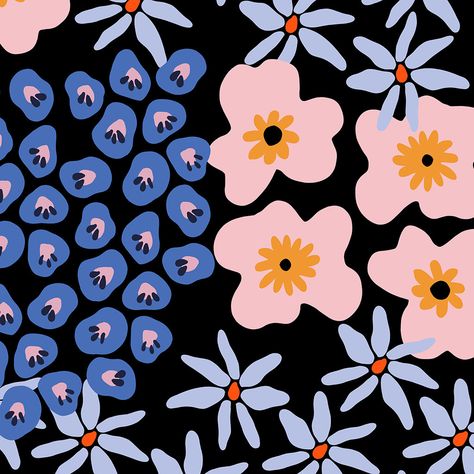 Flower Flow will help you embrace your inner flower child. Featuring a beautiful floral pattern, you'll feel like you're stretching in a serene garden. Experience the ultimate flow with this beautiful floral mat! Monochrome Floral Pattern, Punch Needle Flower Pattern, Illustration Color Palette, Spring Prints Pattern, Big Floral Pattern, Simple Flower Pattern, Floral Pattern Illustration, Mod Flowers, Black Background Painting