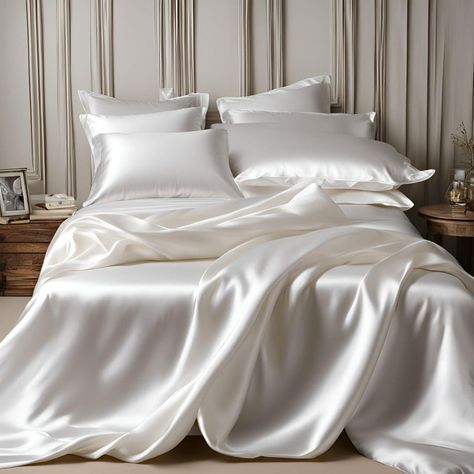 We make custom-sized bed sheet sets.  Any size on request. Two different models: BASIC: flat sheet satin fabric with silk ruffle fitted sheet satin fabric pillowcases silk fabric with satin ruffle SUPERIOR: flat sheet silk fitted sheet silk pillowcases silk SIZES: all the measurements can be customized FULL - BED 55" / 140 CM WIDE Flat sheet cm 220x290 / 86"x114" Fitted sheet cm 140x200x30 / 55"x78"x12" Two pillowcases cm 52x82 / 20,5" x 32" QUEEN - BED 67" / 170 CM WIDE Flat sheet cm 240x290 / Satin Bedroom Aesthetic, Silk Bed Covers, White Satin Bedding, Satin Sheets Bedrooms, Silk Bedsheets Aesthetic, Satin Sheets Aesthetic, Silk Bedding Aesthetic, Silk Sheets Aesthetic, Silk Bed Sheets Aesthetic