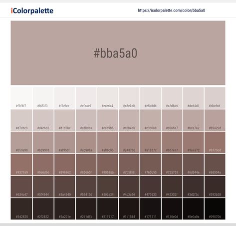 Color space information #bba5a0 | Pantone 16-1509 Tcx Shadow Gray. Similar Pantone Color name Information, Color Schemes, Light / Darkshades, Tones, Similar Colors , Preview the color and download Photoshop swatch and solid color background image Light Colors Palette, Light Colors Background, Ibis Color Palette, Color Pallete Ibis Paint, All Color Palette, Color Palette Ibispaint, Color Palette Gray, Pantone Color Book, Color Palette Light