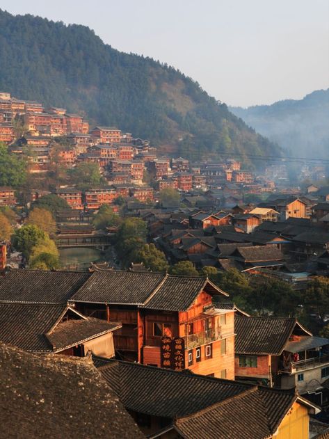 Xijiang Miao Village, Mountains Architecture, Stilted House, Guizhou China, Sunrise Mountain, Travel Wishes, Mountain Background, Ancient Village, Clouds Photography