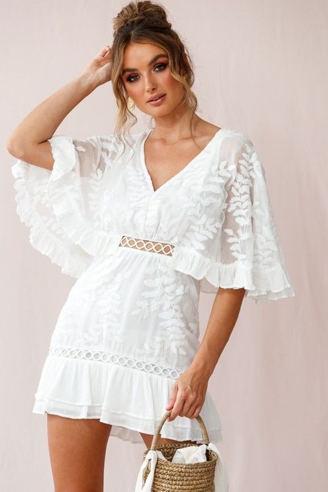 831c2f88a604a07ca94314b56a4921b8desc36293620ri Cuffed Sleeve Dress, Hot Party Dresses, Jackie Dress, White Embroidered Dress, White Short Dress, Mid Length Dresses, White Outfits, White Mini Dress, Embroidered Dress