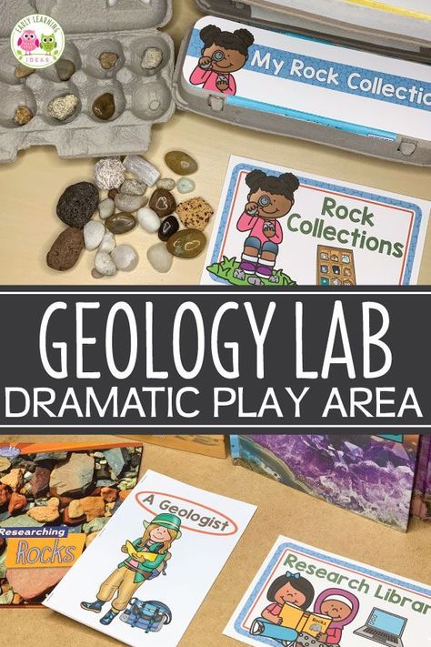 Create a geology lab dramatic play center in your preschool, prek, or kindergarten classroom. Combine science, math, and literacy in a developmentally appropriate way with these fun play-based ideas. Kids love the pretend play....they won't even that they are learning. Sensory play, and fine motor skills activity ideas are included. This is a perfect addition to your rocks theme. Use the printables in your dramatic play area or in your science learning center. #dramaticplay #preschoolscience Underground Preschool Activities, Science Dramatic Play, Dramatic Play Centers Preschool, Science Learning Centers, Science Center Preschool, Fine Motor Skills Activity, Motor Skills Activity, Dramatic Play Themes, Science Area