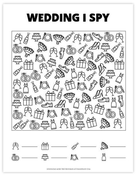 Free Printable Wedding I Spy Game for Kids Wedding Games Printable, Wedding Kids Table Activities Free Printable, Bridal Coloring Pages, Wedding Color Pages Free Printable, Wedding Activity Ideas For Kids, Wedding Shower Games For Kids, Wedding Colouring Pages For Kids, Wedding Coloring Sheets Free Printable, I Spy Wedding Game Printable