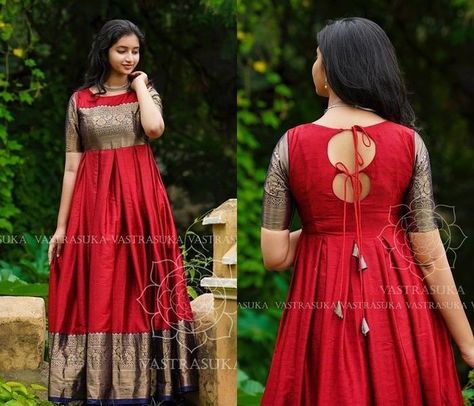 Saree To Long Gown, Neck Designs For Pattu Dresses, Long Gown Dress Neck Design, Saree Come Gown, Long Dress Back Design, Design For Long Dresses, Long Frocks From Sarees, Saree Dress Back Neck Designs, Long Gown Dress From Saree Back Design