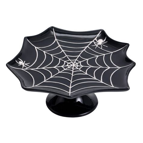 Halloween Cake Stand, Desserts Microwave, Black Cake Stand, Ceramic Cake Stand, Black And White Spider, Cake Stand Ceramic, Chip And Dip Sets, Halloween Clay, Halloween Tableware