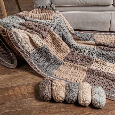 Crochet Afghan Block-of-the-Month Club | Project Gallery Tan And Grey Crochet Blanket, Crochet Blanket For Living Room, Crochet Blocks Blanket, Crochet Blanket Patterns Neutral, Afghan Blanket Knit, Crochet Blanket Quilt, Crochet Blanket Neutral Colors, Two Tone Crochet Blanket, Mantas A Crochet Ideas