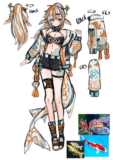 Fullbody Character Base, Koi Character Design, Koi Fish Clothes, Koi Fish Character Design, Nekomata Oc, Koi Fish Character, Vtuber Concept Art, Holding Bat Reference, Asian Oc Art