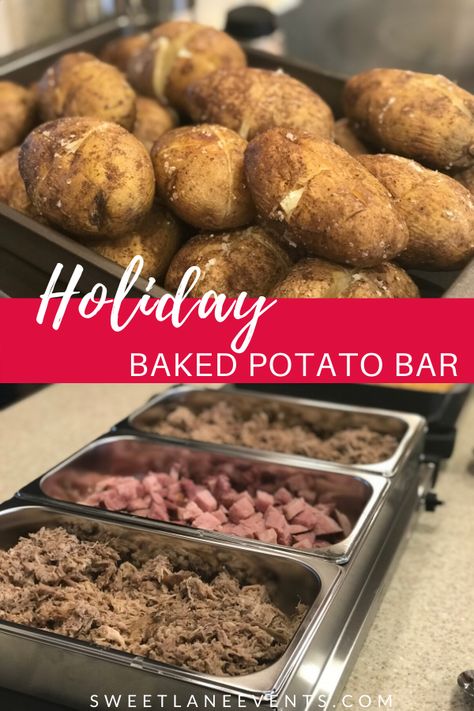 Baked Potato Bar idea is perfect for a Holiday party.  Can easily make it a potluck and have everyone bring a topping.  #christmasfood #christmasparty #bakedpotatoes SweetLaneEvents.com Hot Potato Bar Ideas, Baked Potato Bar For Wedding Reception, Baked Potato Bar Ideas Toppings, Baked Potato Bar For A Crowd, Potato Bar Ideas Toppings, Baked Potato Bar Ideas, Potato Bar Ideas, Potato Bar Party, Hoco Dinner