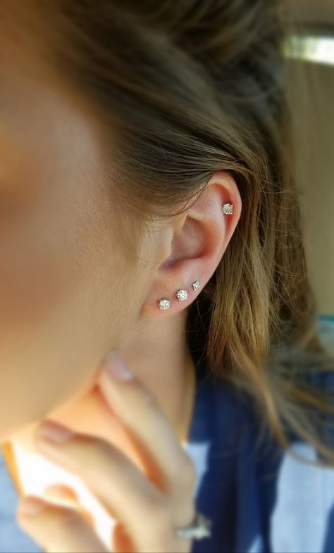 My three lobe piercings and one helix. All white gold and diamonds. More to come! #piercings #helix #diamonds #diamondearrings Three Lobe Piercings And Cartilage, Multiple Lobe Piercings, Triple Lobe And Helix Piercing, Kinds Of Ear Piercings, Three Lobe Piercings, Different Types Of Ear Piercings, 3 Ear Piercings, Three Ear Piercings, Different Ear Piercings