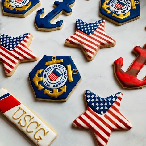 Coast Guard Party Decorations, Navy Retirement Cookies, Coast Guard Cookies, Coast Guard Retirement Cake, Coast Guard Party Ideas, Coast Guard Retirement Party Ideas, Coast Guard Retirement Party, Coast Guard Party, Coast Guard Cake