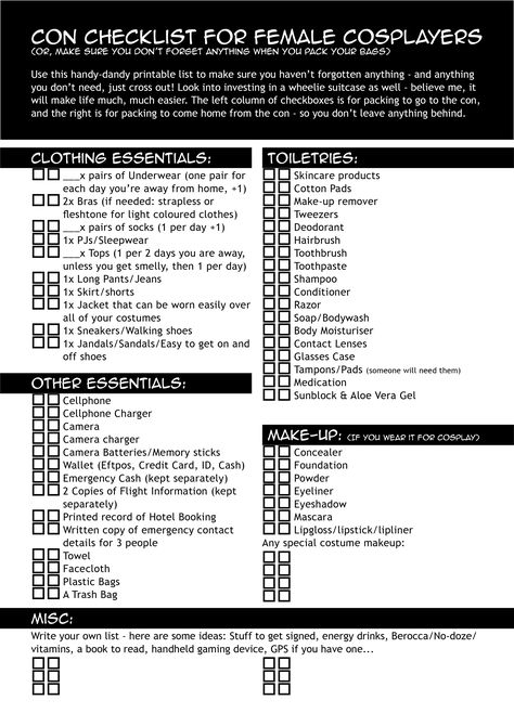 Cosplay Packing List, Ffa State Convention Packing List, Convention Packing List, Cosplay Making, Easy Cosplay Ideas, Cosplay Convention, Anime Convention, Easy Cosplay, Making Patterns