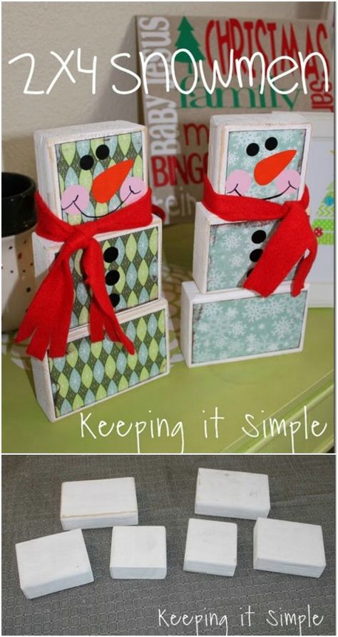 Whimsical 2X4 Block Snowmen 2x4 Crafts, Easy Winter Crafts, 2x4 Wood, Christmas Pom Pom, Snowman Crafts Diy, Neighbor Christmas Gifts, Wood Snowman, Wood Block Crafts, Easy Christmas Decorations