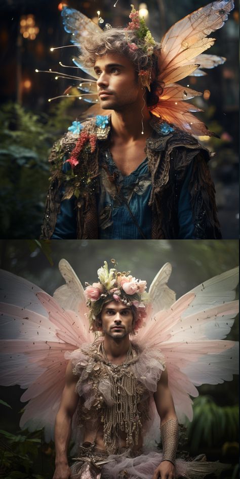 A young adult man in a beautiful fairy costume, celebrating the moment Midsummer Party Outfit Men, Masc Fairy Costume, Male Fairy Cosplay, Fairy Costume Male, Mens Fairy Costume, Men Fairy Costume, Fae Party Aesthetic, Boy Fairy Costume, Fairy Costume Men