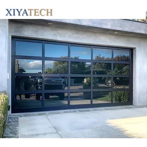 Garage Door Glass Ideas, Garage Door With Man Door, Mirrored Garage Door, Aluminum Garage Doors Modern, Transparent Garage Door, Replace Garage Door With Window, Frosted Glass Garage Door, Black Glass Garage Door, Glass Garage Doors Exterior