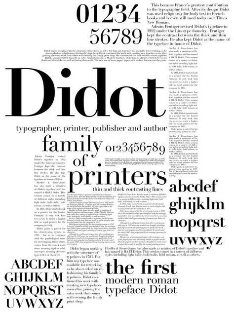 Didot Type Specimen Poster by Olivia Cruz, via Behance Type Specimen Poster, Specimen Poster, Typeface Poster, History Poster, Typography Book, Typo Poster, Type Specimen, 타이포그래피 포스터 디자인, Poster Fonts