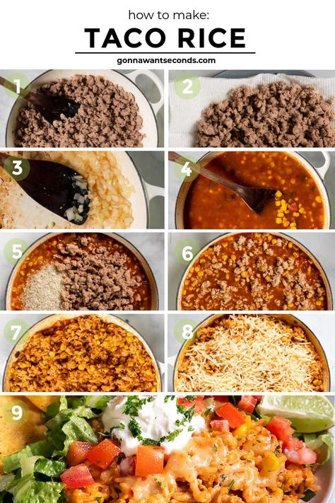 Taco Meat And Rice Recipes, Ground Beef Taco Rice, Mexican Rice With Beef, One Pot Taco Rice, Taco Rice With Queso, Easy Taco Rice, Taco Rice Bowl, Taco Rice Recipe, Taco Rice Skillet