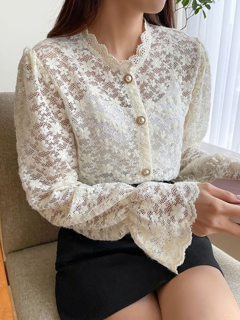 Beige Elegant  Long Sleeve Lace Plain Top Embellished Slight Stretch Spring/Summer Women Tops, Blouses & Tee Lace Shirts For Women Long Sleeve, Dantel Blouse, Shirt Lace Design, Lace White Shirt, Lace Shirt Outfit, Lace Top Design, White Lace Shirt, Women Lace Blouse, Womens Lace Tops