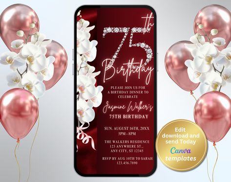 Digital Red 75th Birthday Party Invitation with White Orchids, Silver Diamond Numbers, Stylish Phone Invitation for Women - Instant Download 30th Birthday Party Invitations, Phone Invitation, 40th Birthday Party Invites, Chic Invitation, 45th Birthday, 35th Birthday, 75th Birthday, 65th Birthday, Birthday Numbers